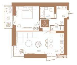 2-к квартира, строящийся дом, 56м2, 22/23 этаж