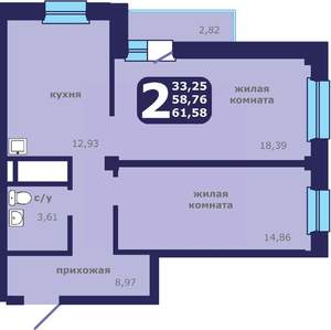 2-к квартира, строящийся дом, 62м2, 21/25 этаж
