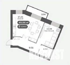 2-к квартира, вторичка, 50м2, 4/15 этаж