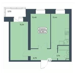 2-к квартира, строящийся дом, 56м2, 2/9 этаж
