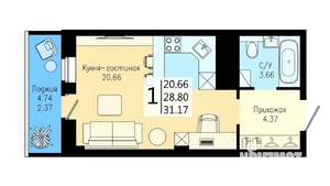 Студия квартира, строящийся дом, 31м2, 16/25 этаж