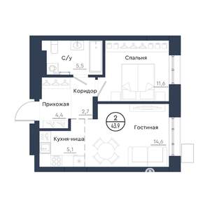 2-к квартира, строящийся дом, 44м2, 22/23 этаж