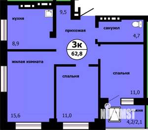 3-к квартира, сданный дом, 62м2, 9/19 этаж