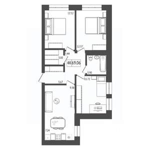 4-к квартира, строящийся дом, 69м2, 13/17 этаж