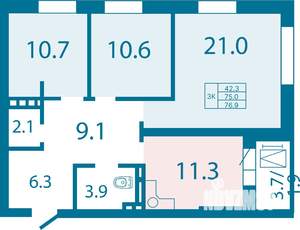 3-к квартира, строящийся дом, 75м2, 12/25 этаж