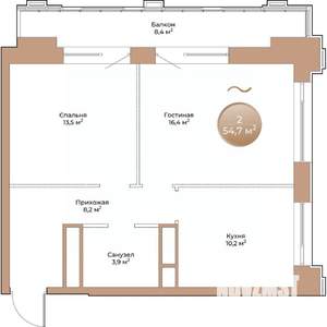 2-к квартира, строящийся дом, 55м2, 19/24 этаж