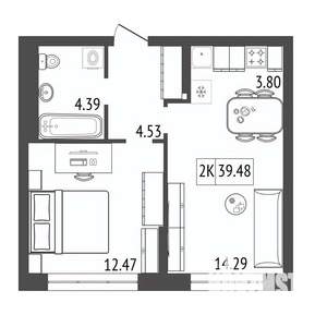 2-к квартира, строящийся дом, 39м2, 3/17 этаж