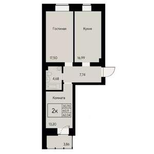 2-к квартира, строящийся дом, 63м2, 2/8 этаж