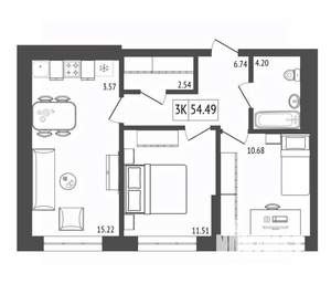 3-к квартира, вторичка, 54м2, 4/17 этаж