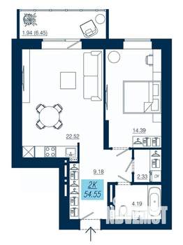 2-к квартира, строящийся дом, 55м2, 13/19 этаж