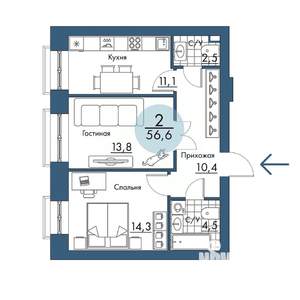 2-к квартира, строящийся дом, 57м2, 2/17 этаж