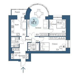 3-к квартира, строящийся дом, 95м2, 3/17 этаж