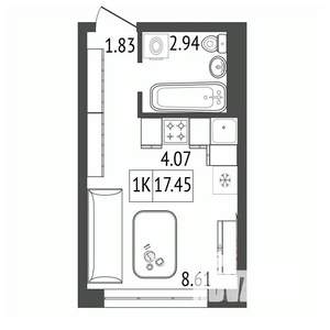 1-к квартира, строящийся дом, 17м2, 4/17 этаж