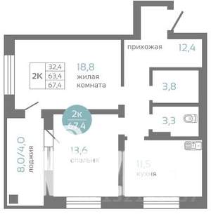 2-к квартира, строящийся дом, 67м2, 6/19 этаж