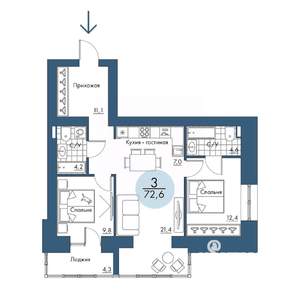 3-к квартира, строящийся дом, 73м2, 8/17 этаж