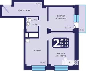 2-к квартира, вторичка, 57м2, 13/25 этаж