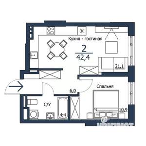2-к квартира, строящийся дом, 42м2, 2/23 этаж