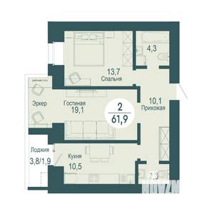 2-к квартира, строящийся дом, 62м2, 3/17 этаж