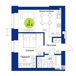 2-к квартира, вторичка, 45м2, 2/17 этаж