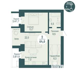 2-к квартира, строящийся дом, 65м2, 17/17 этаж