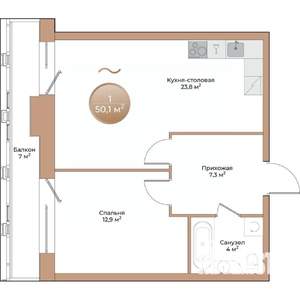 1-к квартира, строящийся дом, 50м2, 8/24 этаж