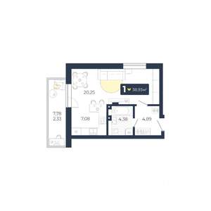 1-к квартира, строящийся дом, 39м2, 1/5 этаж