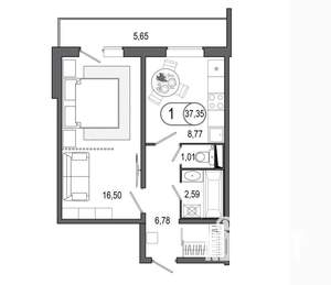 1-к квартира, вторичка, 36м2, 2/14 этаж