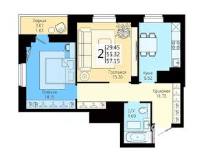 2-к квартира, строящийся дом, 57м2, 20/25 этаж