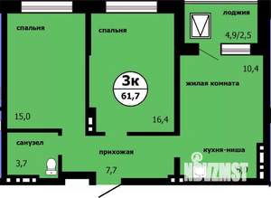 3-к квартира, строящийся дом, 61м2, 15/19 этаж
