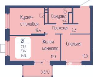 2-к квартира, строящийся дом, 55м2, 9/24 этаж
