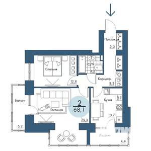 2-к квартира, строящийся дом, 68м2, 4/17 этаж