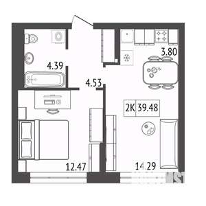 2-к квартира, строящийся дом, 39м2, 11/17 этаж