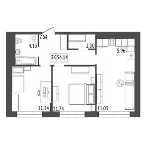 3-к квартира, строящийся дом, 54м2, 3/17 этаж