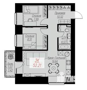 2-к квартира, строящийся дом, 52м2, 2/17 этаж