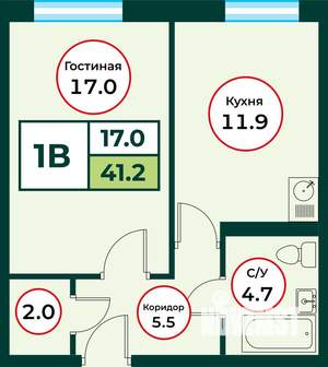 1-к квартира, строящийся дом, 41м2, 1/8 этаж