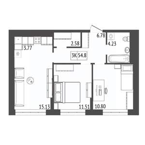 3-к квартира, строящийся дом, 55м2, 15/17 этаж