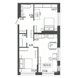 3-к квартира, вторичка, 62м2, 8/17 этаж