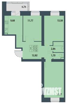 3-к квартира, строящийся дом, 72м2, 9/9 этаж