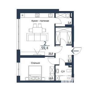 2-к квартира, строящийся дом, 59м2, 8/23 этаж