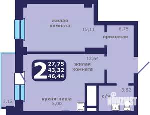 2-к квартира, строящийся дом, 46м2, 4/25 этаж