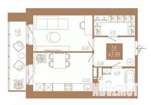 1-к квартира, вторичка, 44м2, 12/23 этаж