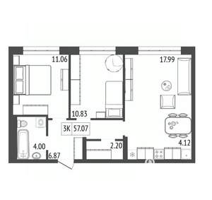 3-к квартира, вторичка, 57м2, 3/17 этаж