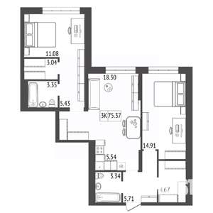 3-к квартира, строящийся дом, 75м2, 2/17 этаж