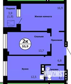 2-к квартира, строящийся дом, 56м2, 6/26 этаж