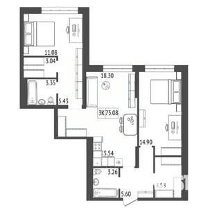 3-к квартира, строящийся дом, 75м2, 3/17 этаж