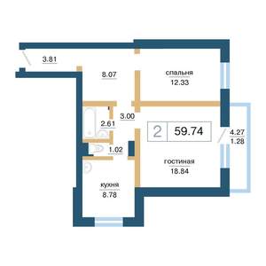 2-к квартира, строящийся дом, 60м2, 14/17 этаж