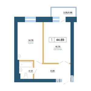 1-к квартира, строящийся дом, 45м2, 4/7 этаж