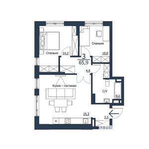 3-к квартира, строящийся дом, 66м2, 22/23 этаж