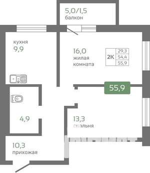 2-к квартира, вторичка, 56м2, 2/16 этаж