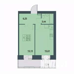 1-к квартира, строящийся дом, 41м2, 7/9 этаж